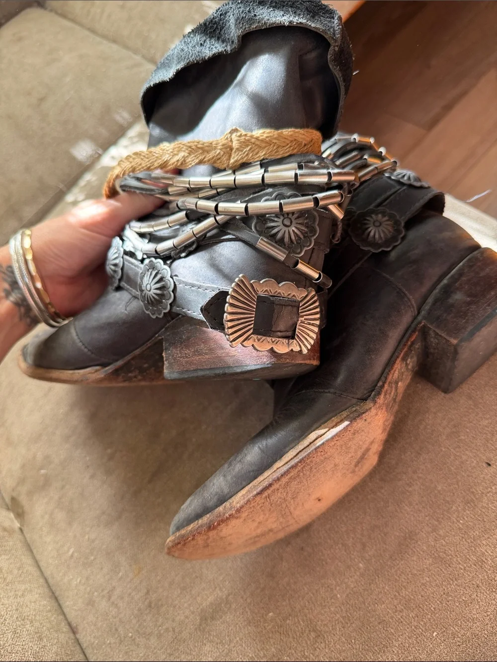 Yerba Embellished Ankle Boot with concho belt & Rope Accents distressed western